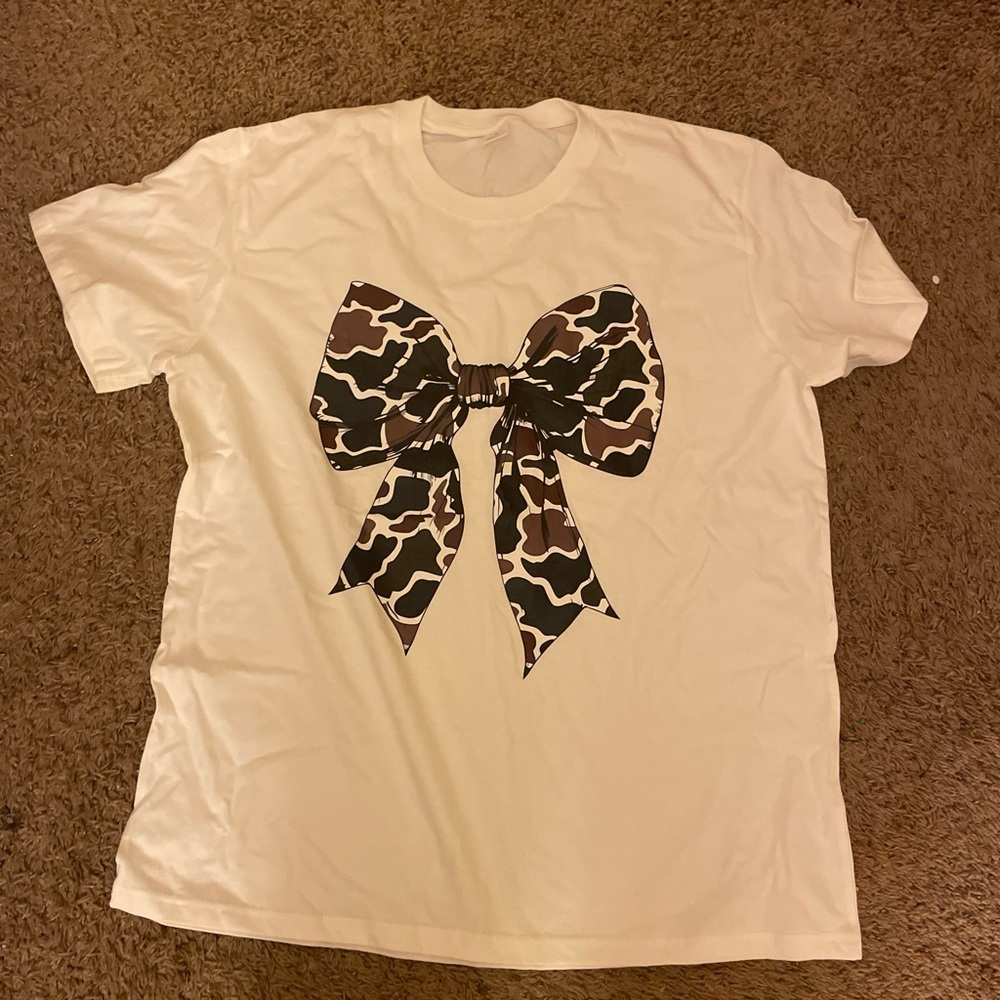 SHEIN White Tee with Brown Bow Design